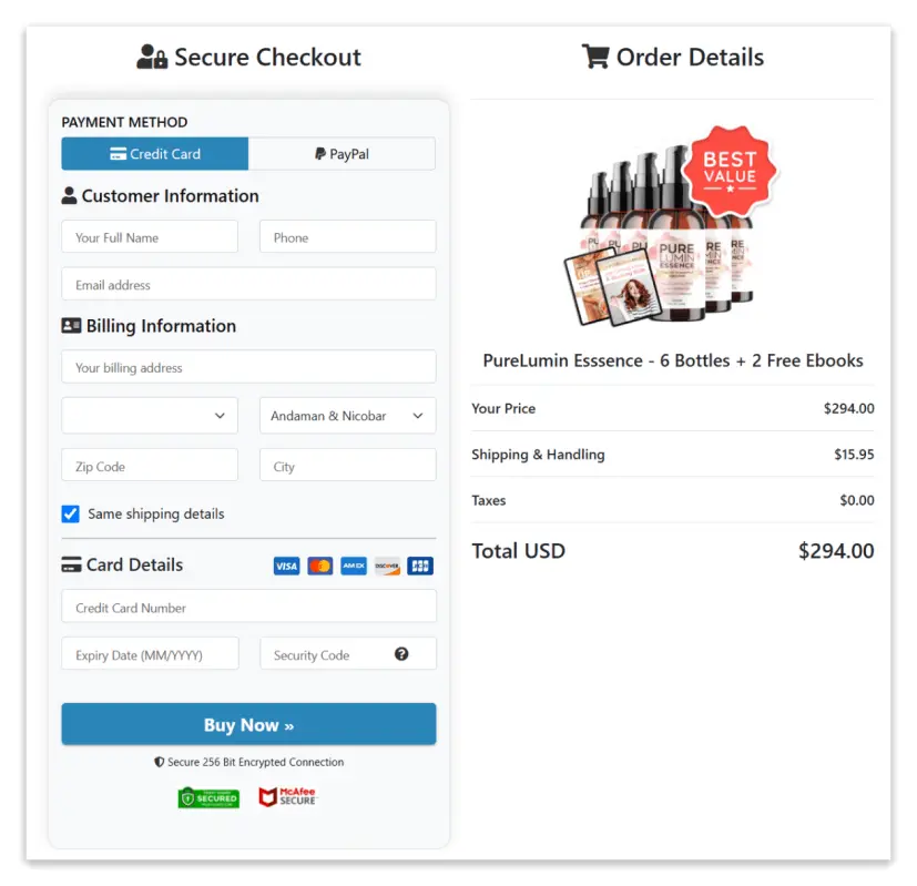 PureLumin Essence Secure Checkout Page